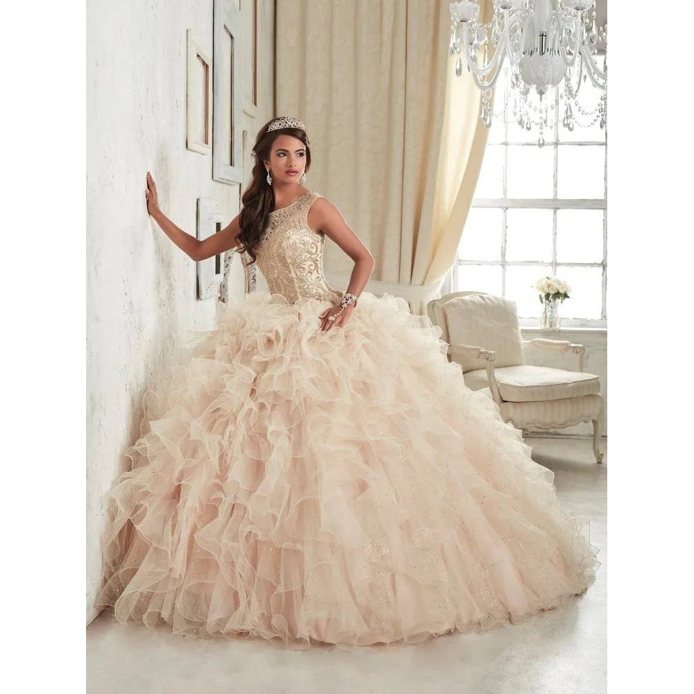 Ball Dress Size 16 Champagne Gold Beaded Corset Ruffle Prom Quinceanera 26835